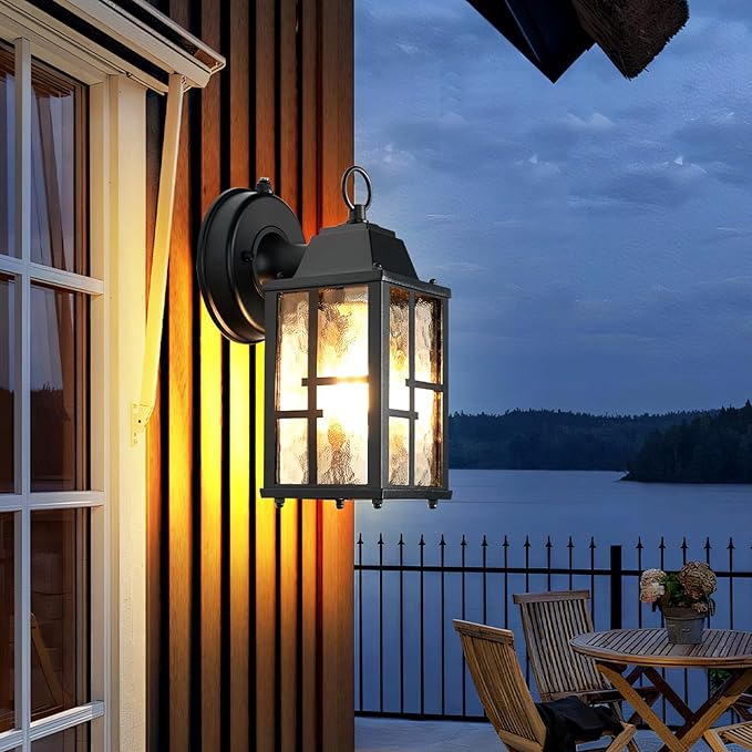 OKELI Dusk to Dawn Outdoor Wall Lights Exterior Waterproof Lantern Front Porch Sconce Lighting with Water Ripple Glass Shade Anti-Rust Wall Lamps Outside Lights for Garage (Black-SIZE-S-2pack)