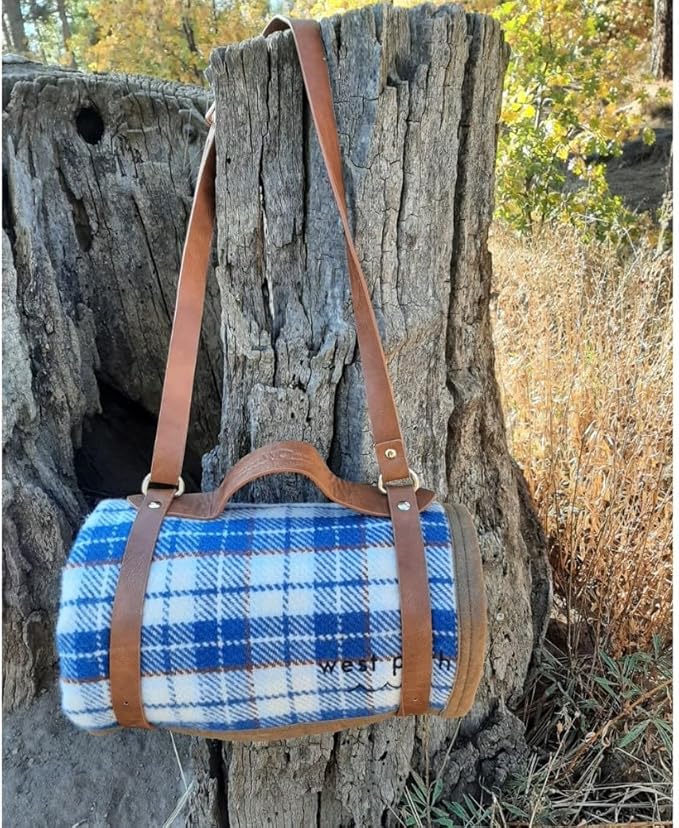 Motorcycle/Cowboy Bedroll - Waxed Canvas Blanket with Vegan Leather Strap - Pack/Blanket Roll with Waterproof Backing and Carrier (Blue/White Wool w/Strap)