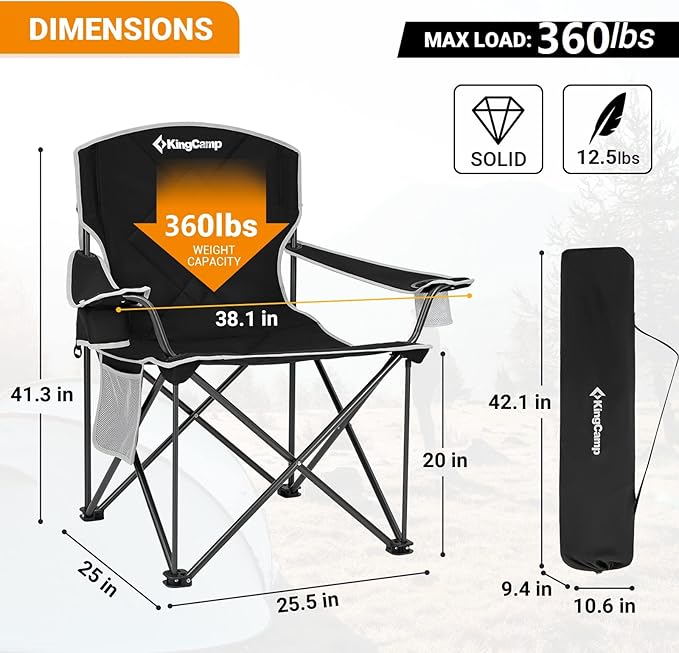 KingCamp Portable Folding Camping Quad Chair Oversized Fully Cushioned Seat with Side Pocket and Cup Holder for Tailgates Beach Lawn