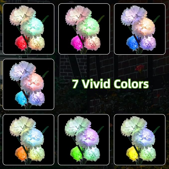 Solar Garden Lights Outdoor - Solar Flowers Lights Outdoor Decorative Waterproof 40 Hours Coloring Changing Carnation Yard Pathway Lawn Solar Powered Lamp Backyard Decor 4pcs