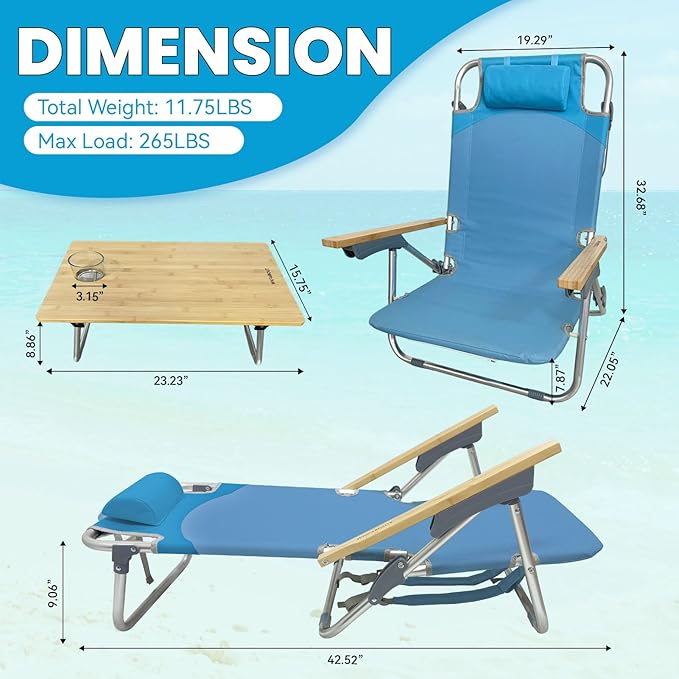2 Pack Low Backpack Beach Chair with Folding Bamboo Table for Adults 5-Position Lay Flat Reclining Chair Lightweight with Cooler Bag Supports 265 lbs