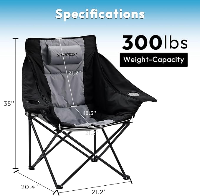 Swonder Oversized Moon Camping Chair with Innovative 2-in-1 Removable Seat Cushion for All Seasons Heavy-Duty Fully Padded Folding Outdoor Chair with Headrest and Carry Bag