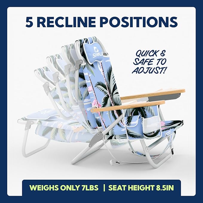 SUN NINJA Folding Beach Chair with Headrest Pillow Low Profile Lightweight Easy Carry Beach Chair for Adults Comfortable Wooden Armrests Stylish Fabric Seat Patterns - Flamingo 1pc