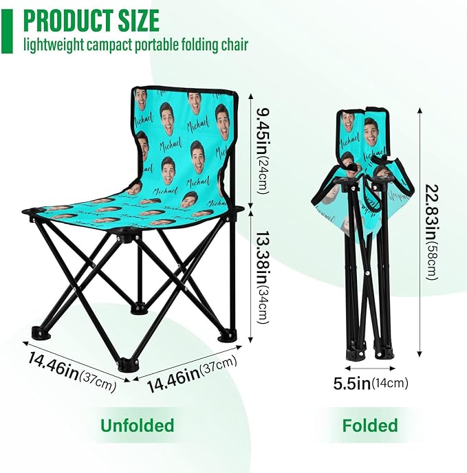 Sinestour Cyan Custom Photo Folding Camping Chair for Teen Child Personalized Name 14.6×14.6in Portable Outdoor Chair with Carry Bag for Picnic Barbeques Beach