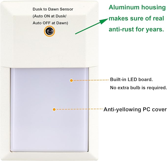 LIT-PaTH Dusk to Dawn Outdoor Sconce Wall Light LED Wall Lantern 5000K Porch Lighting Fixture 12W 1000 Lumens Aluminum Housing Plus PC White Finish 1-Pack