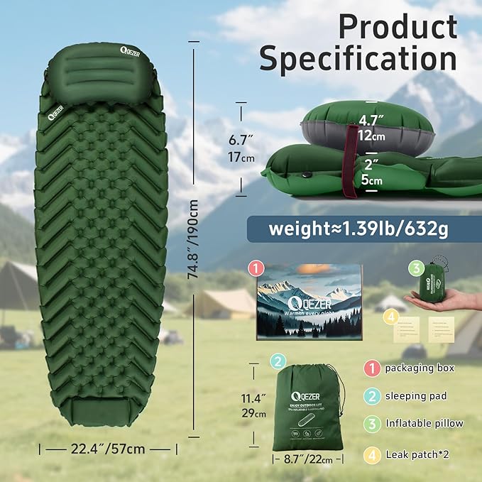 Ultralight Backpacking Sleeping Pad for Camping with Inflatable Neck Camping Pillow Lightweight Inflatable Sleeping Pad for Adults Portable for Hiking Car Travel - Durable &amp Comfortable