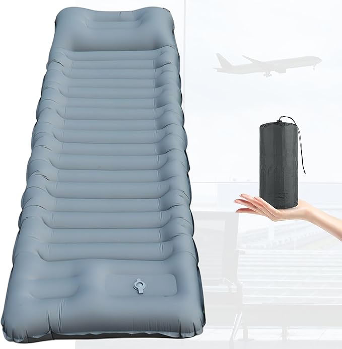 Skywin Inflatable Sleeping Pads for Camping &amp Airport Travels 77 x 26 x 5 Inches Air Mattress Sleeping Bag Inflatable with 8 HeadRest Along with Pillow-Like HeadRest Camping Essentials (Grey)