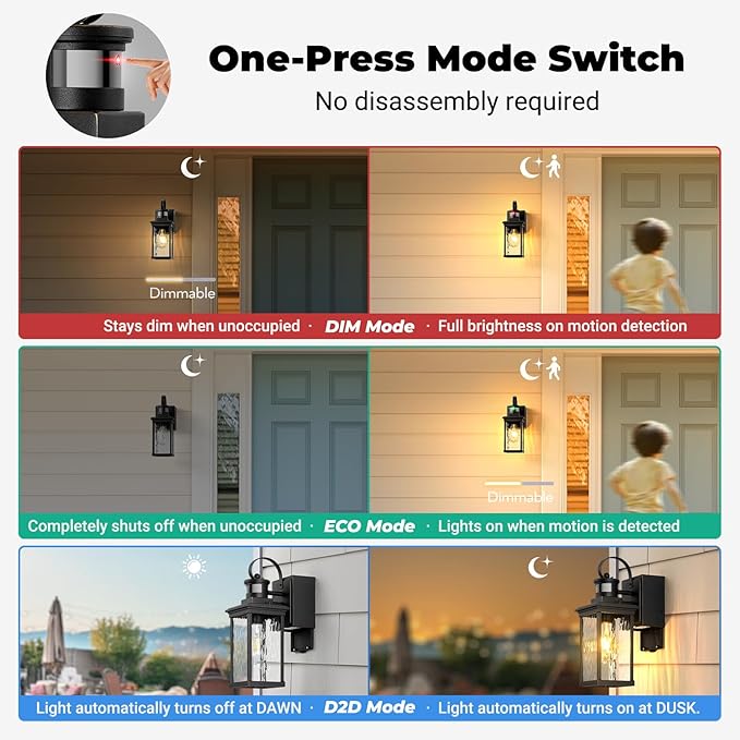 Outdoor Wall Sconce Lights with GFCI Outlet Modern Black Gold Trim Motion Sensor Outdoor Garage Lights Wall Mount Sconce Lantern Die-cast Aluminum Exterior Lighting Fixtures for House Porch