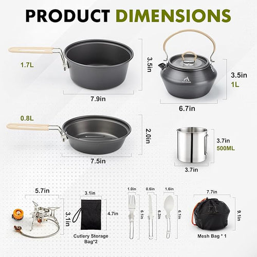 17pcs Camping Cookware Kit 0.45Gal Pot 7inches Pan0.30Gal Kettle Set with 2 Set Stainless Steel Cups Plates Forks Knives Spoons for Hiking