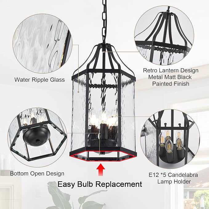 10 Modern 5-Light Exterior Black Lantern Pendant Light Fixture with Clear Rippled Glass Mini Industrial Hanging Cage Chandelier for Outdoor Kitchen Dining Room Hallway Entryway Foyer Porch