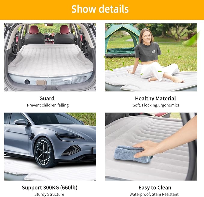 KMZ Portable SUV Air Mattress - Built-in Electric Pump for Fast Inflation - Soft Flocked Surface Car Bed - Ideal for Road Trips &amp Outdoor Camping - Grey