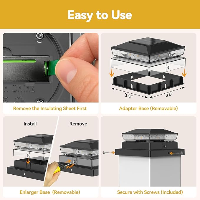 Solar Post Cap Lights 6 Pack Upgraded Outdoor Deck Fence Post Solar Lights for 4x4 5x5 Wood/Vinyl Posts IP65 Waterproof 10-12 Hours Warm White Glow for Garden/Patio/Porch - Black