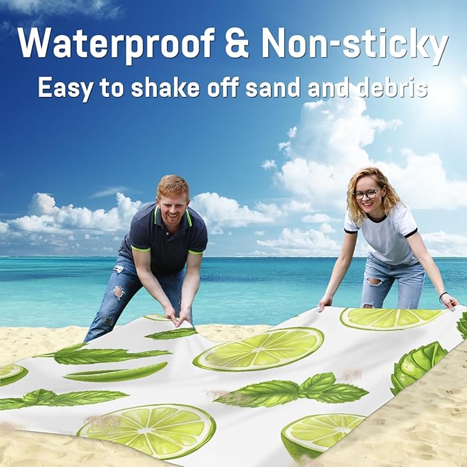 Waterproof Sandproof Beach Blanket 59''×68'' Mint Lemon Polyester Outdoor Picnic Blanket with 4 Stakes &amp Storage Bag for BeachCampingVacation White