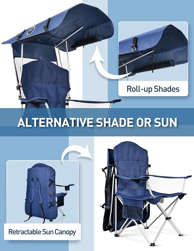 Beach Chair with Canopy Shade and Fan – 360° Rotatable &amp 3-Speed Airflow Camping Chair with Canopy and Powerful &amp Quiet Fan Cup Holder Side Pocket – Supports 330 LBS