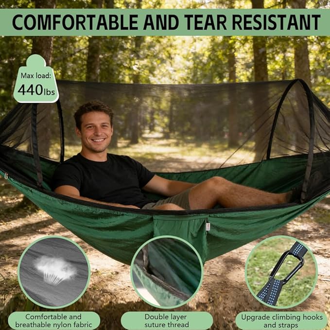 Camping Hammock with Mosquito Net - Double &amp Single Portable Hammocks with 2 Tree Straps Lightweight Hammock Tent for Outdoor Camping Hiking Backpacking Beach &amp Backyard (Dark Green)