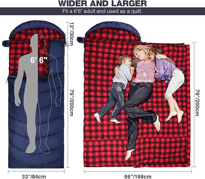 REDCAMP Flannel Sleeping Bag for Adults Comfortable Cotton Sleeping Bags for Camping with Detachable Hood Red/Grey/Blue/Black