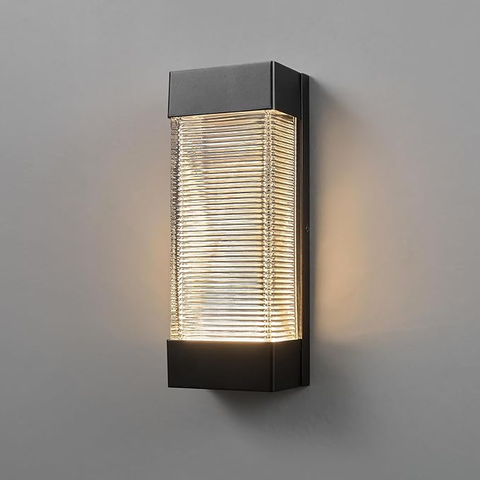 Globe Electric 16W LED Integrated Matte Black Outdoor Wall Sconce with Ribbed Glass