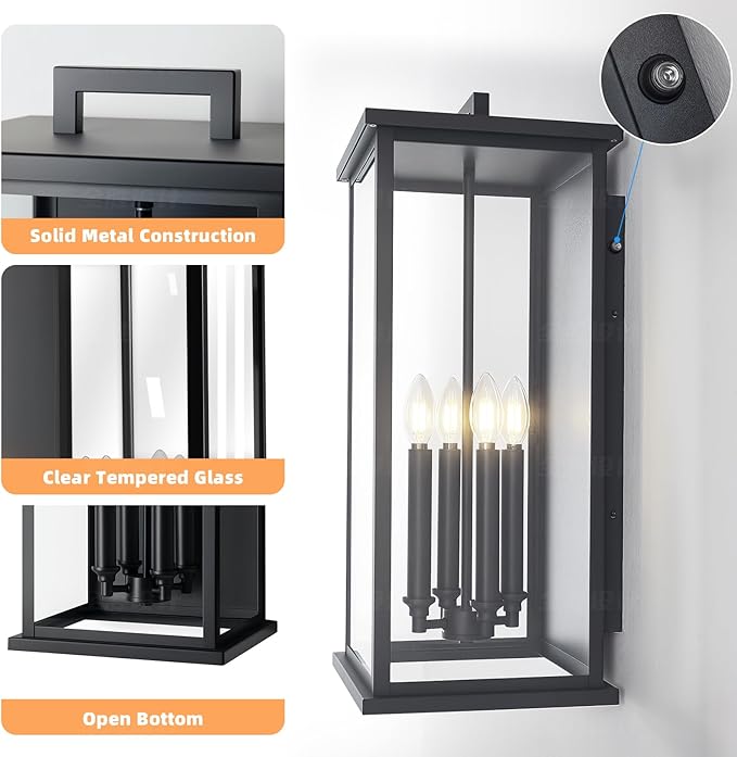 Dusk To Dawn Extra Large Outdoor Wall Lantern-4 LightOutdoor Wall Light Fixtures For Patio PorchBlack Exterior Wall SconceWaterproof Outside Garage LightsE12 Base1 Pack24H*10.2L*9.8W