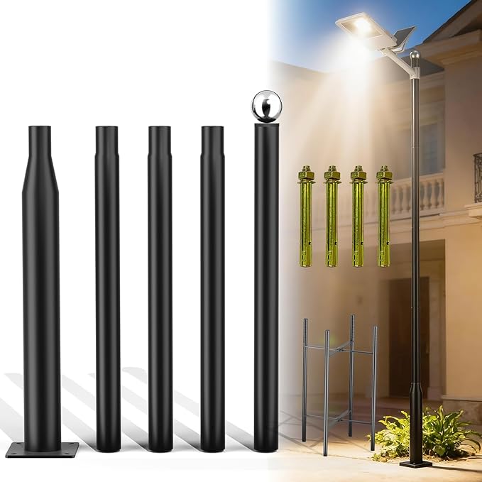 16FT Split Design Street Light Pole Heavy-Duty Steel Outdoor Lamp Post with Sleeve Connection &amp Rebar Cage - Adjustable Rust-Resistant for Driveway Parking Lot Garden Pathway