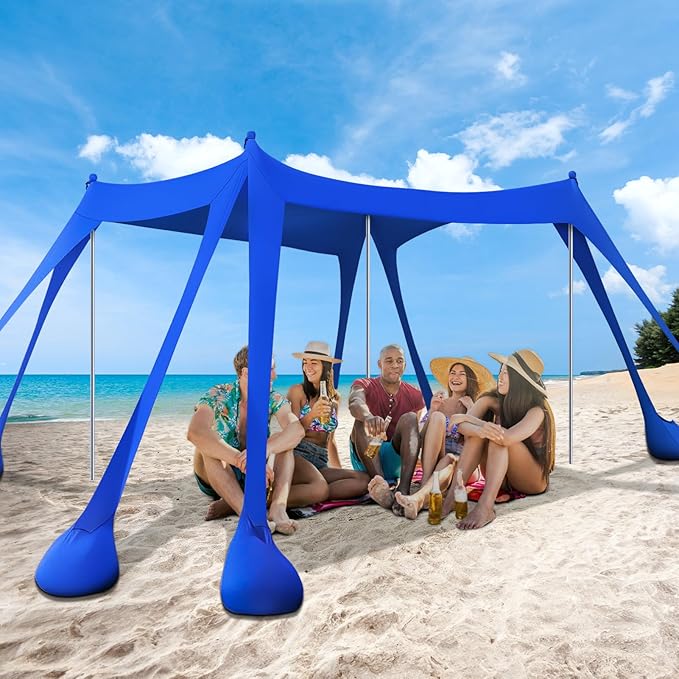 Beach Tent Sun Shelter 10x10ft Shade Canopy Sunshade UPF50+ with 8 Sandbags Sand Shovels Ground Pegs &amp Stability Poles Portable Carry Bag for Family PartyCampingFishingBackyardPicnics