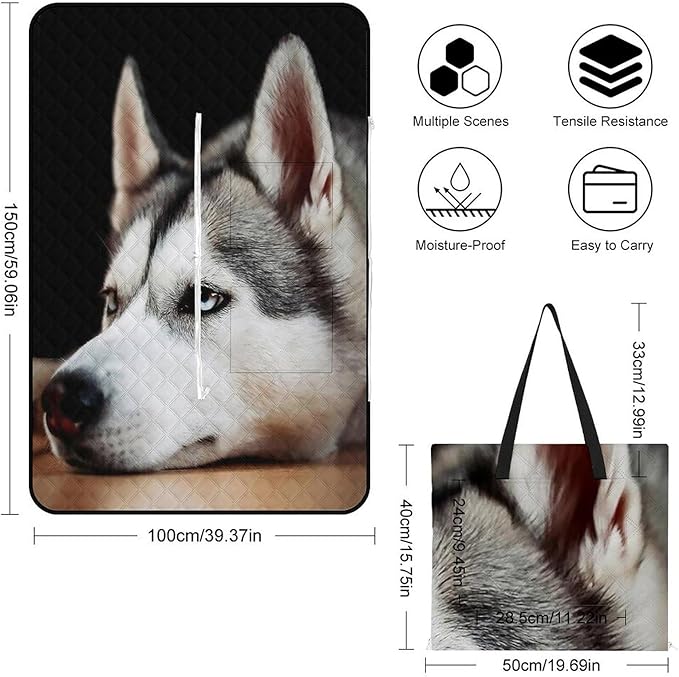 Husky Dog Beach Blanket Outdoor Packable Picnic Blanket with Zipper Folds Into Tote Bag Waterproof Picnic Mat Portable Beach Mat for Camping Hiking Festivals