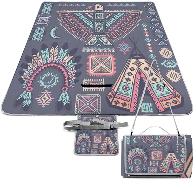 Tribal Native American Eagle Symbols Waterproof Outdoor Picnic Blanket Sandproof Beach Mat for Camping Hiking Grass Travelling
