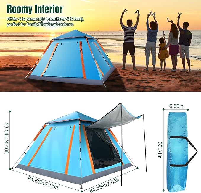 4-5 Person Camping Tent Outdoor Foldable Waterproof Tent with 2 Mosquito Nets Windows Carrying Bag for Hiking Climbing Adventure Fishing