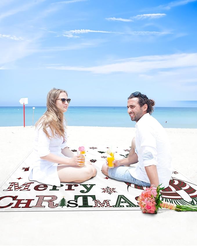 Beach Blanket Waterproof Sandproof OversizedMerry Christmas Snowman Cartoon Beach Mat with Corner Stakes Sand PocketsHolly Snowflake Gift Bell Outdoor Picnic Mat for Travel Camping Hiking 83x79In