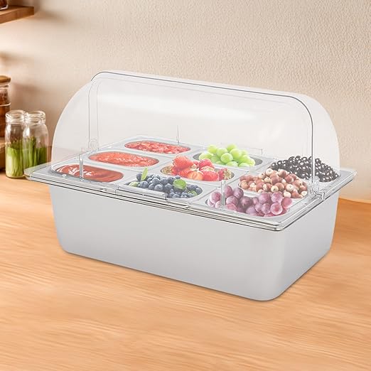 9-Compartment Stainless Steel Food Serving Tray with Lid Countertop Buffet Condiment Dispenser Display Container with Ice Packs 9 Tongs &amp Spoons for Restaurant Hotel Kitchen Party