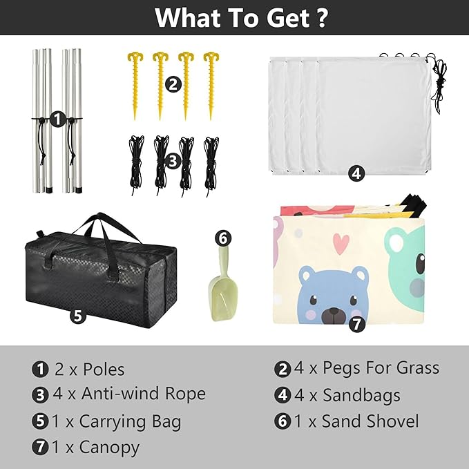Bear Beach Canopy Sun Shelter with Sandbags &amp Sand Shovel &amp Windproof Ropes - Portable 110x126 Beach Shade Beach Tent for Camping Picnics