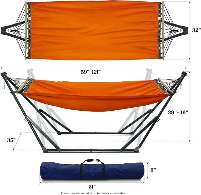 Tranquillo Sturdy Steel Hammock with Stand Premium Cotton Canvas Hammock 600 lbs Capacity Hammock Stand Folding Portable 30-Second Fold Unfold Hammock for Camping Orange