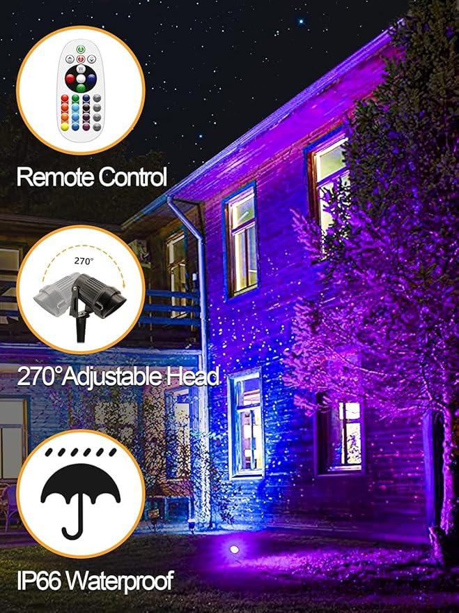 ZUCKEO Christmas Spotlights LED Outdoor Spot Lights for Yard 10W RGB Landscape Lights Color Changing 120V Waterproof Spotlight with Plug &amp Remote for House Garden Path Tree Decoration(2Pack)