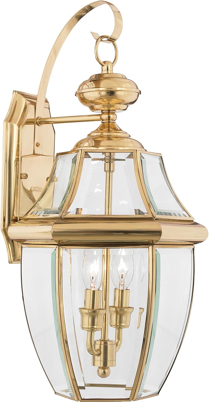 Quoizel Newbury 20 Outdoor Wall Lantern 2-Light Polished Brass with Clear Beveled Glass E12 Base French Country Style