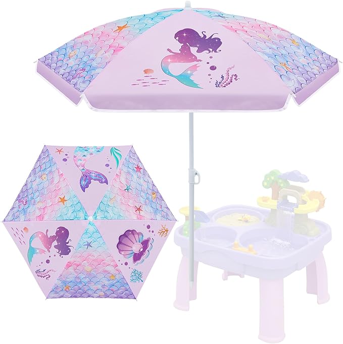 Sweetude Water Table Umbrella (Table Not Included) Kids Seaside Beach Umbrella Picnic Canopy for Summer Toddlers Sand Beach Camping Garden Outdoor Pool Shade Party Supply(Mermaid Theme)