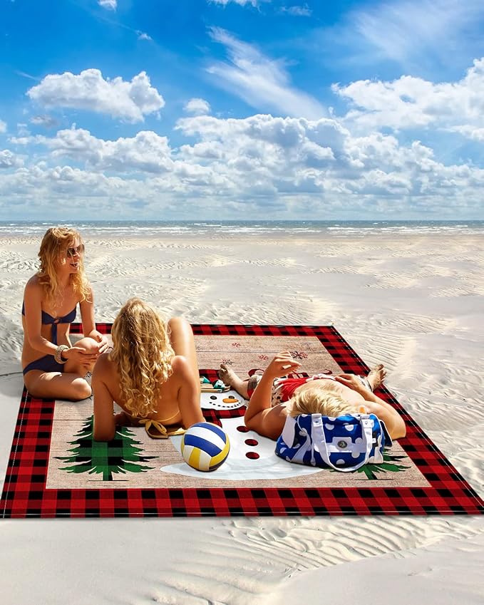 Beach Blanket Waterproof Sandproof OversizedChristmas Cute Snowman Tree Winter Snowflake Beach Mat with Corner Stakes Sand PocketsRed Buffalo Plaid Retro Plank Picnic Mat for Travel 83x79In