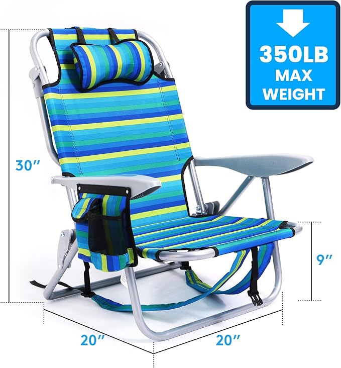 2 Pack Lightweight Portable Camping Beach Chair for Adults Outdoor Lay Flat Folding Beach Chairs with 5 Positions Backpack Beach Chair with Towel Bar Zipper Pouch Cup Holder Ocean Striped