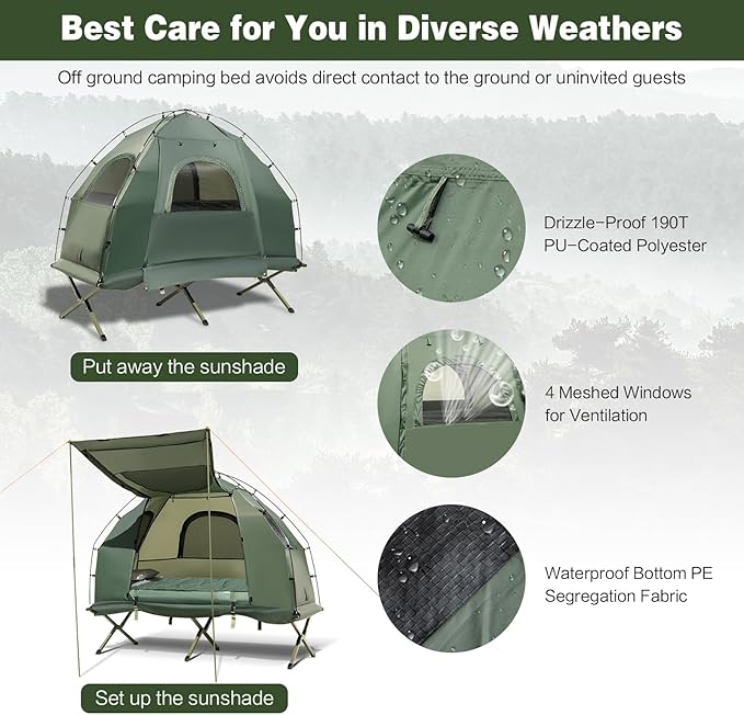 Tangkula 5-in-1 Tent Cot Combo With Awning Air Mattress Sleeping Bag Pillow Elevated Single Tent With Carrying Bag for Outdoor Camping Hiking Picnic Travel