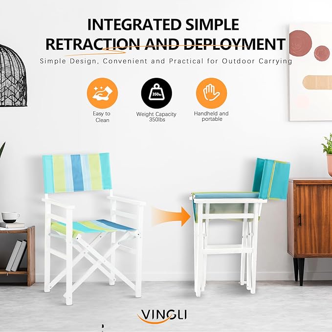 VINGLI Widen Folding Director Chair Set of 2 with Sturdy Wooden Frame &amp Beige Canvas Portable Durable for Outdoor Patio Camping Use Green and Blue Strip