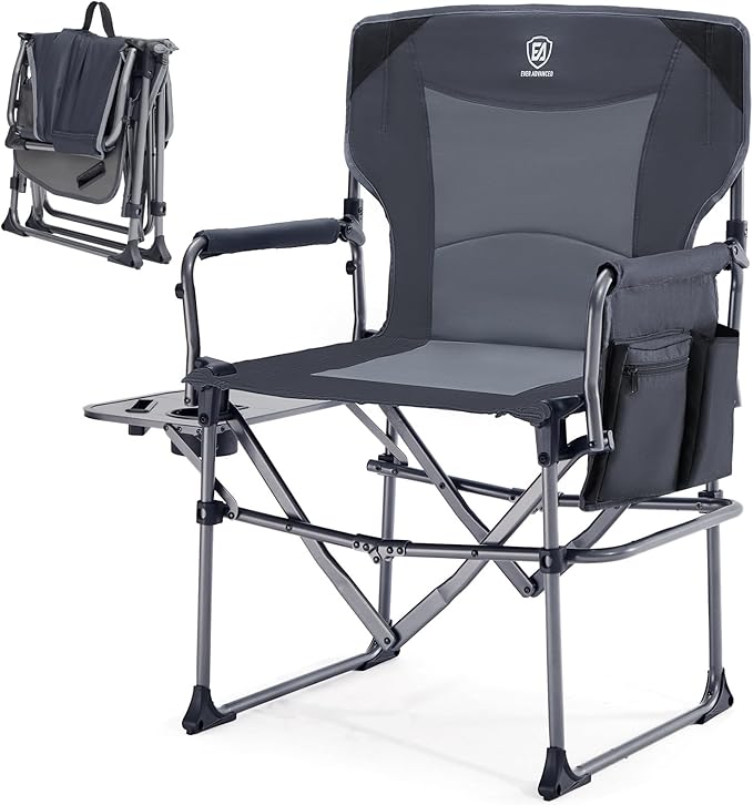 EVER ADVANCED Camping Directors' Chair with Side Table Portable Folding Chair with Compact Size Heavy Duty Lawn with Pocket for Camping Lawn Sports and Fishing 400lbs Grey