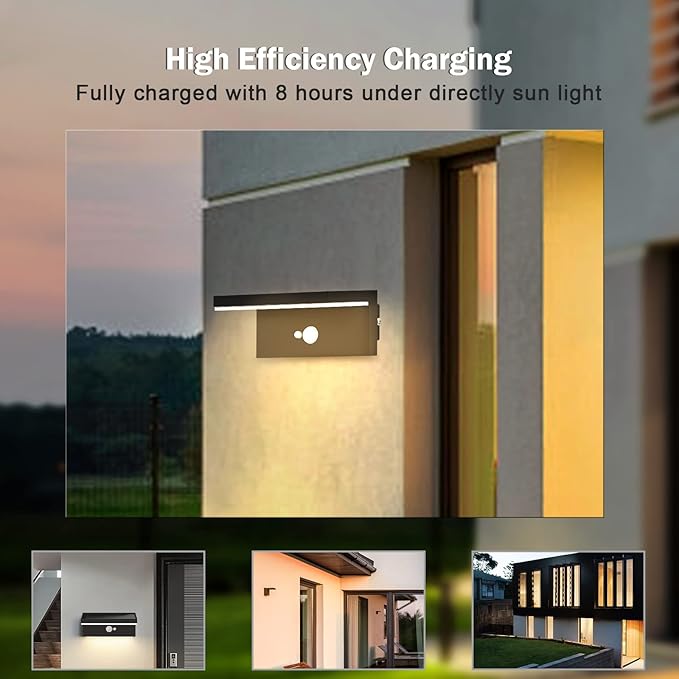 Solar Outdoor Wall Lights 2 PackMotion Sensor Waterproof Dusk to Dawn Solar Porch Wall Mount Lamp Black Modern Exterior Light Fixture 3000K 5W for Garage House Patio
