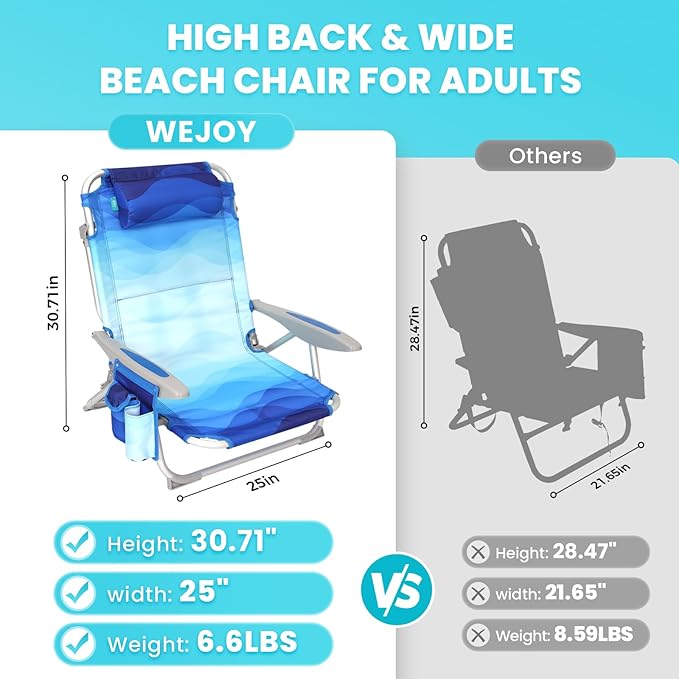 #WEJOY Beach Chair for Adults Reclining Adjustable Position Lay Flat Lightweight Folding Portable Aluminum Chair with Backpack StrapsPadded headrest Heavy Duty 400 lbs Lawn Chair for Beach Sand