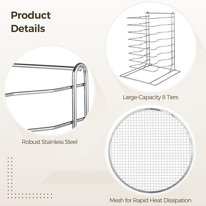 8 Tier Pizza Rack With 8 Perforated 12 Inch Perforated Pizza Pans with Holes 16.7'' H x 12'' L x 12'' W Stainless Steel Pizza Pan Rack Holder for Buffet Table Easy Storage Multiple Pizzas (8 Tier)
