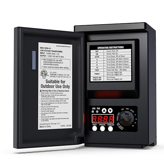 GOODSMANN Low Voltage Transformer 200 Watt with Timer Photo Eye Sensor and Weather Shield for Outdoor Lighting 120V AC to 12V AC 9920-0200-01