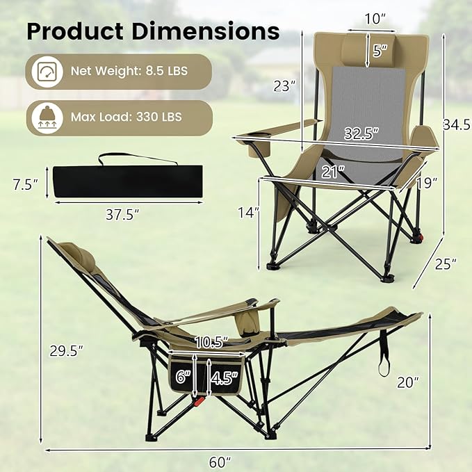GYMAX Reclining Camping Chairs with Footrest Lightweight Foldable Camping Chairs with Cup Holders Adjustable Backrest Headrest Heavy Duty Camp Chair for Adult Outdoor Fishing Beach (Khaki2)