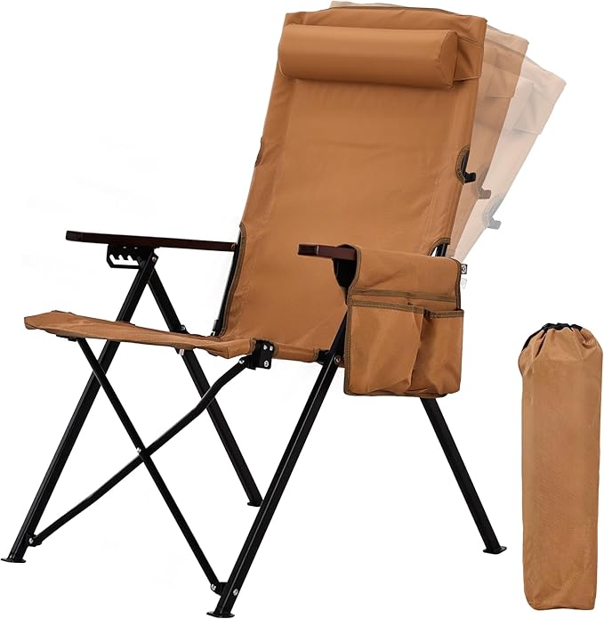 Camping Chairs for Adults-Adjustable 95°-135° Hign Back Heavy Duty Folding Lawn Chairs with Detachable Headrest Side Pocket Hold Up 300 Lbs Yellow