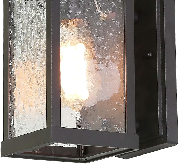 LALUZ Rectangle Outdoor Light Fixtures Wall Mount Weather-Proof Porch Lights Outdoor with Water Ripple Glass Anti-Rust Outdoor Wall Lantern for Patio Yards Garden Front Door Matte Black Finish