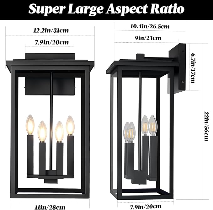 Extra Large Outdoor Wall Light FixtureBlack Outdoor Wall SconceExterior Garage Lights Modern Exterior Lights for HouseWaterproof Front Porch Lanterns with Toughened Glass E12 1 Pack