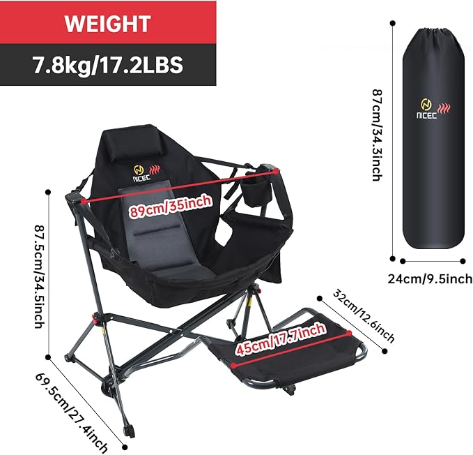 Nice C Heated Hammock Camping Chair with Footrest Heated Camping Chair with Battery Rocking Swing Chairs Hammock Chairs with Stand Heavy Duty (1 Heat Black W/Footrest)