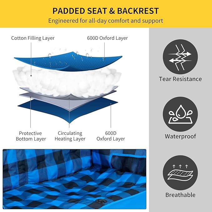 DoCred Heated Double Camping Chair Folding 2 Person Camping Chairs Loveseat Outdoor SportsHeated Oversized Lawn Chairs for AdultsHeating Camp Chair with 3 Heat Levels Battery NOT Included