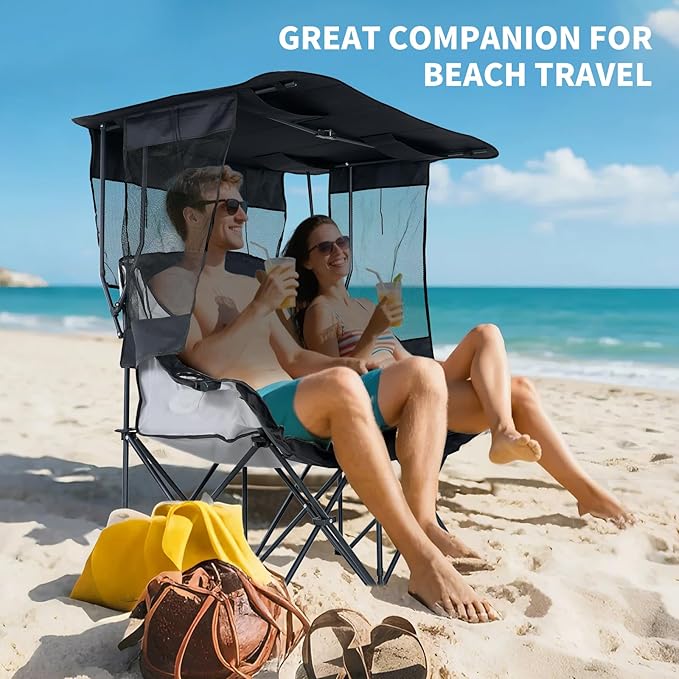 LILYPELLE Double Beach Chair with Canopy Shade Oversized Folding Camping Chair with Canopy Loveseat Camp Chair with Cup Holder Side Pocket for Camp Beach Lawn Fishing